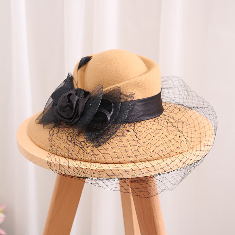 Large Eaves Wool Felt Wool Hat Autumn And Winter Banquet Ladies Warm Mesh Yarn