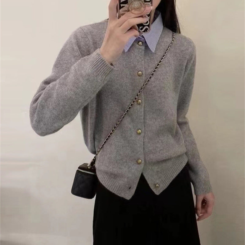Temperament Commute Korean Style Shirt Collar Single-breasted Knitted Cardigan Sweater