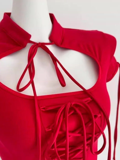 Red Flirty Bandage Bodycon Crop Top For Women Summer Short-Sleeve T-Shirt