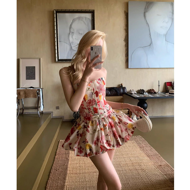 French-style Fishbone Halter Top And Skirt Set For Women