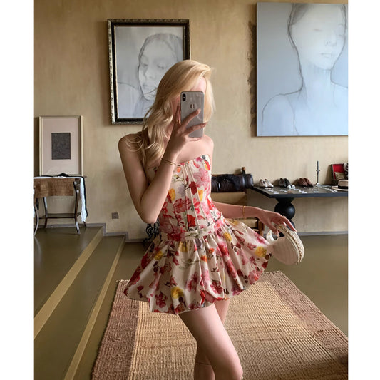 French-style Fishbone Halter Top And Skirt Set For Women
