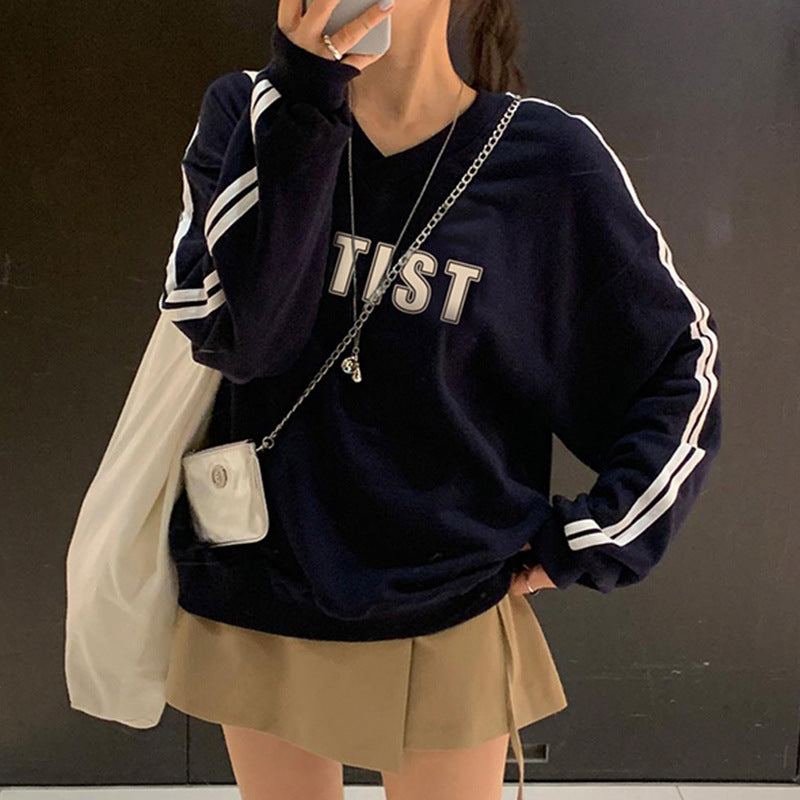 Women's Striped V-neck Patchwork Pullover Sweater Top