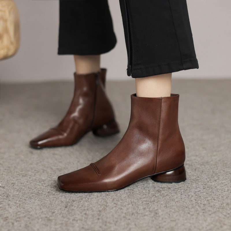 Women's Fashion Cowhide Shoes With A Square Toe, Side Zipper, And Chunky Mid-heel