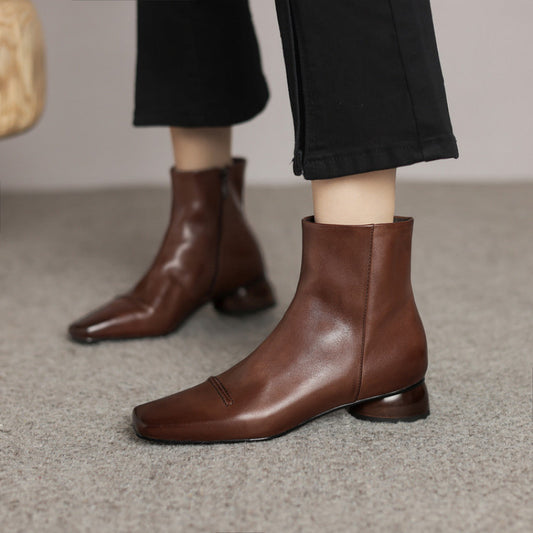 Women's Fashion Cowhide Shoes With A Square Toe, Side Zipper, And Chunky Mid-heel