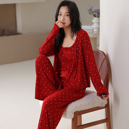 Threaded Colored Cotton Bra-padded Camisole Three-piece Set