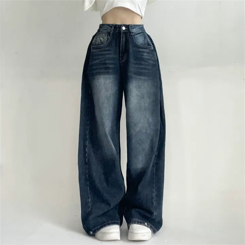 Washed Blue Wide-leg Jeans High Waist Loose Straight Long Pants