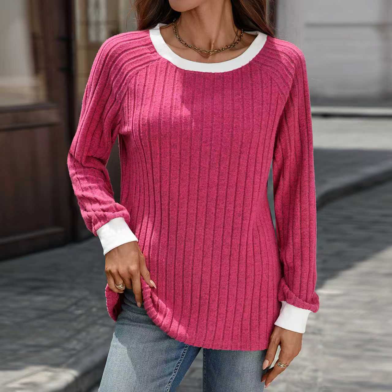 European And American Autumn And Winter Round Neck Contrast Color Long Sleeves Sunken Stripe T-shirt
