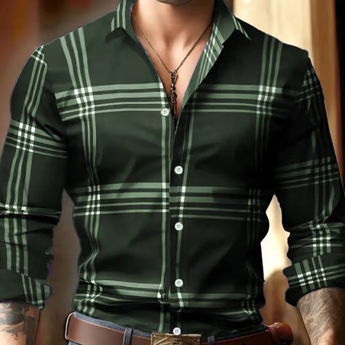 Digital Printing Striped Plaid Men's Long Sleeve Shirt
