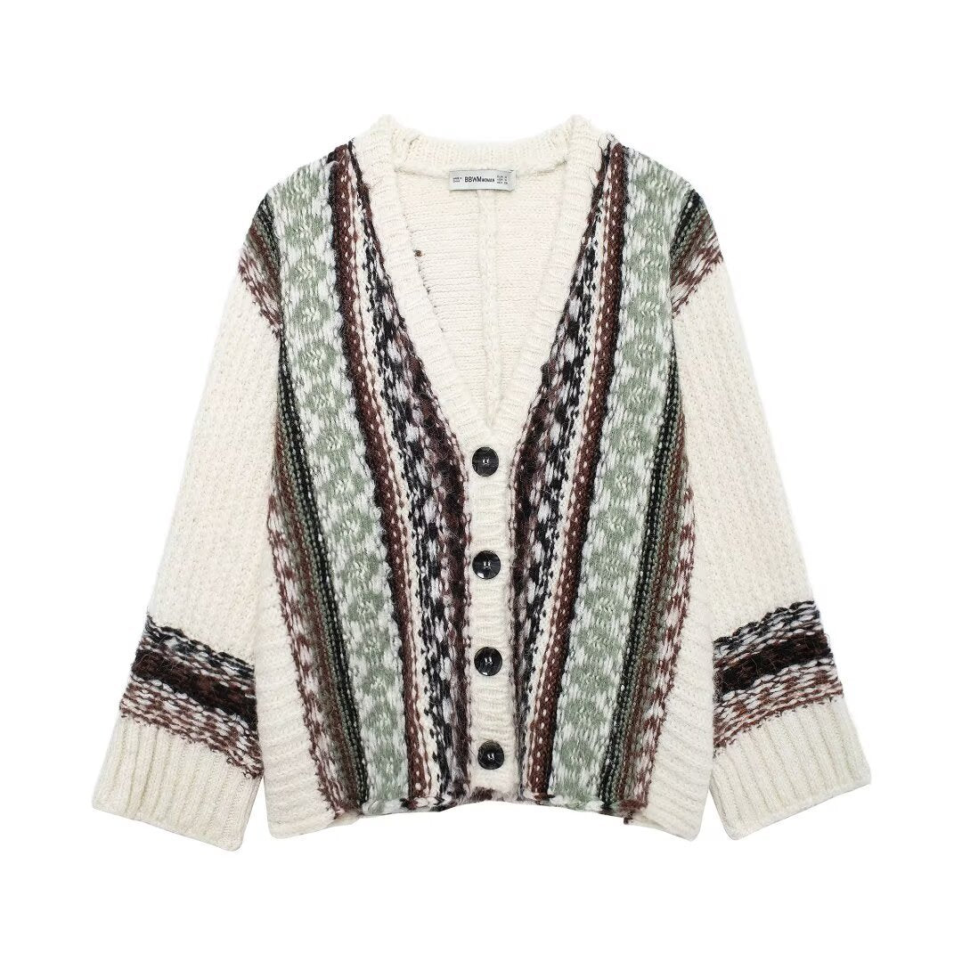 Fashion V-neck Sweater Jacquard Loose-fitting Coat
