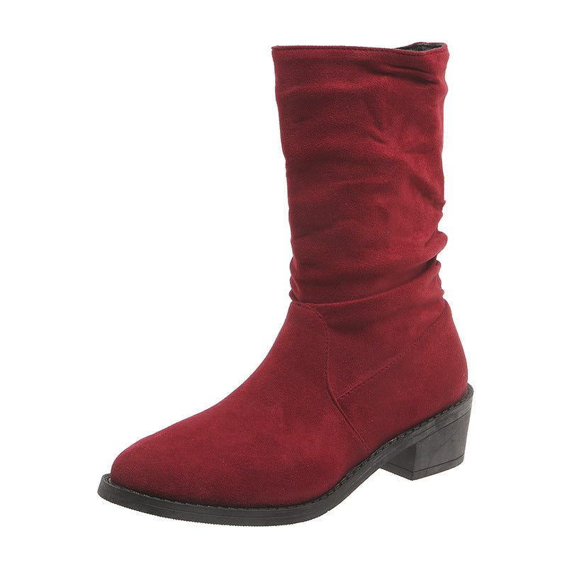 Large Size Thick Heel Pointed Toe Mid-calf Smoke Pipe Boots For Women