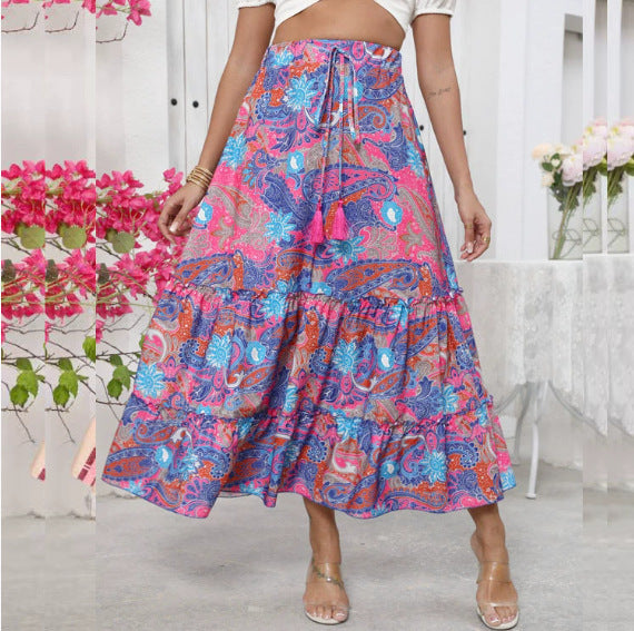 Bohemian Resort Style Beach Wide Printed Skirt