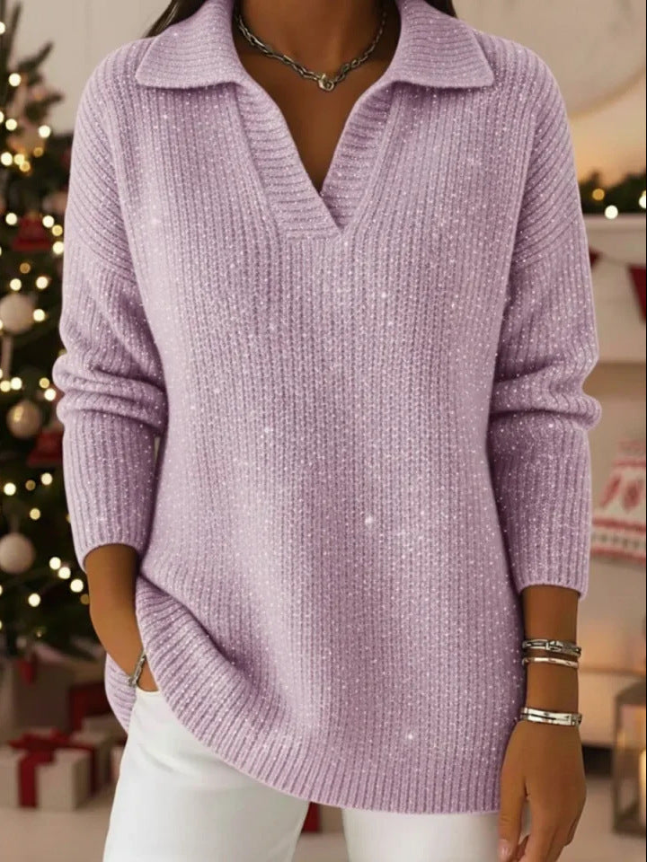 Ny Ensfarvet Langærmet Top Glitrende Sweater