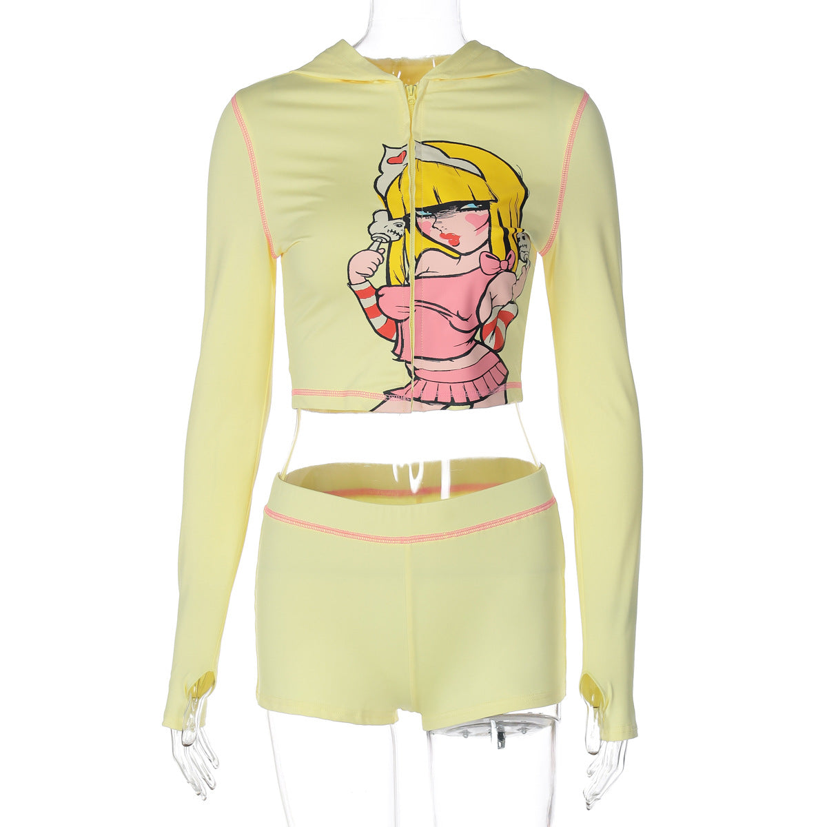 Women's Printed Casual Sporty Hooded Polyester Long Sleeve Shorts Set