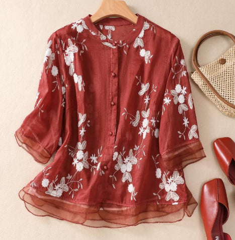 Artistic Retro Heavy Industry Embroidered Cotton And Linen Top
