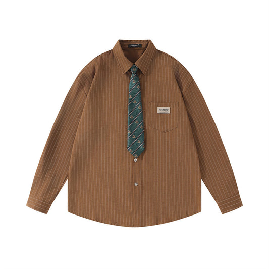 College Style Loose Long Sleeve Shirt With Tie And Vertical Stripes