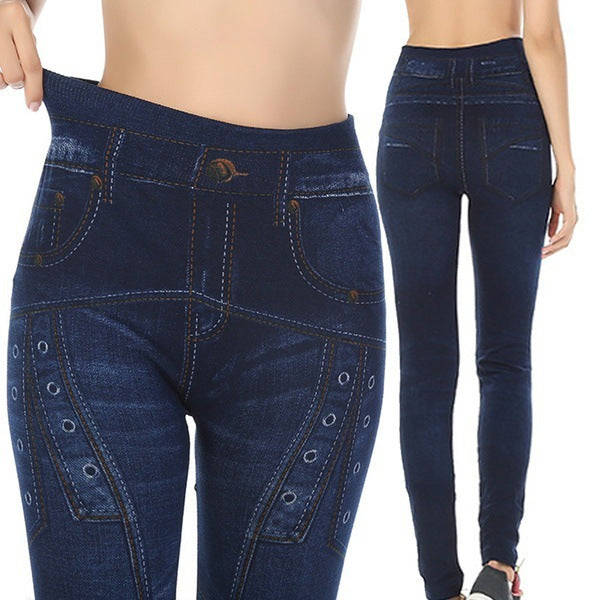 Leggings i denimlook med print, sømløse sportsbukser med knaphul