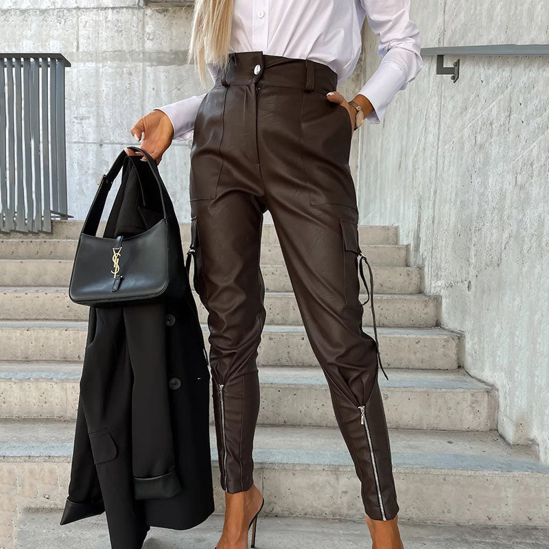 Fall Winter Fashion Slim PU Leather Waist Skinny Trousers With Pockets