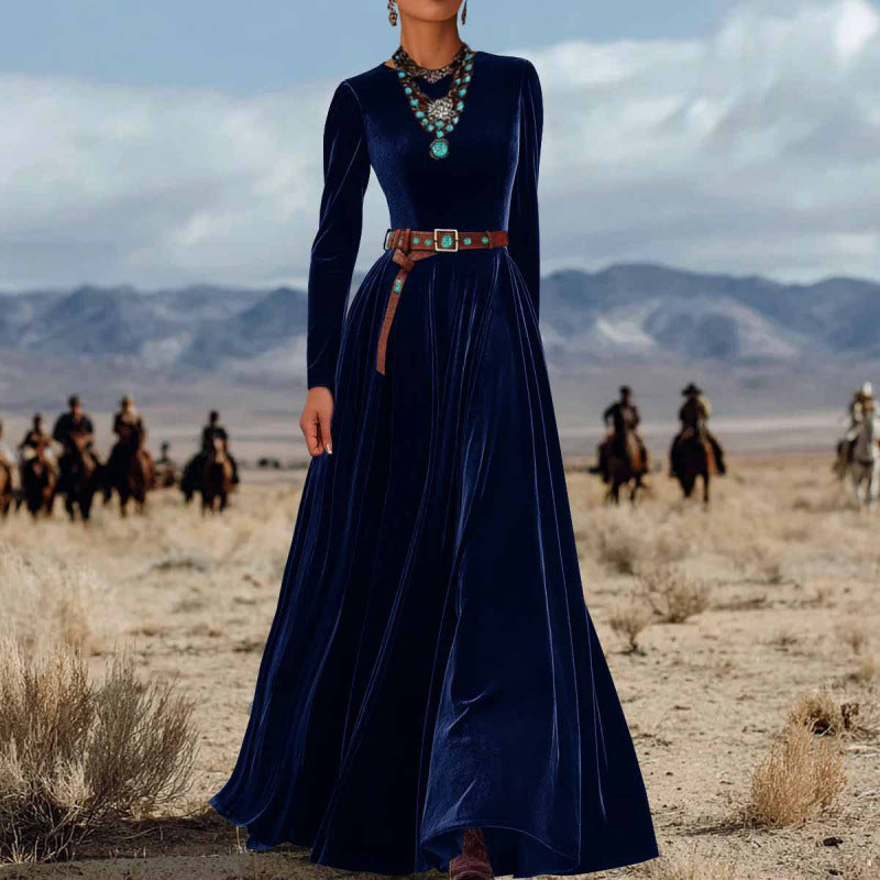 Elegant efterårsvinter langærmet kjole i fløjl med western-stil