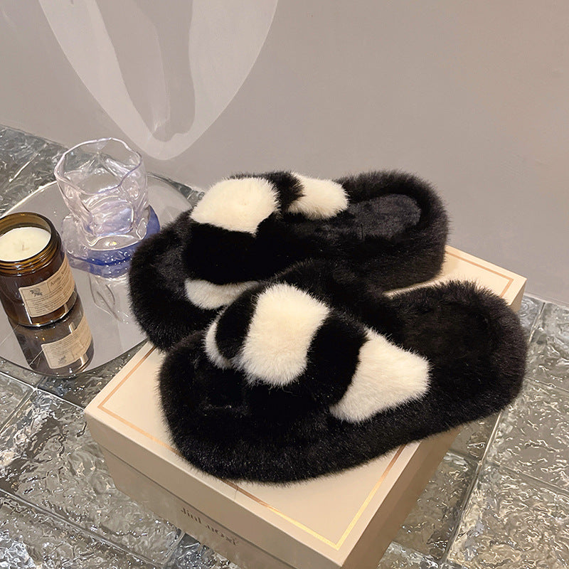Color Matching Cross Fluffy Slippers Female Autumn And Winter