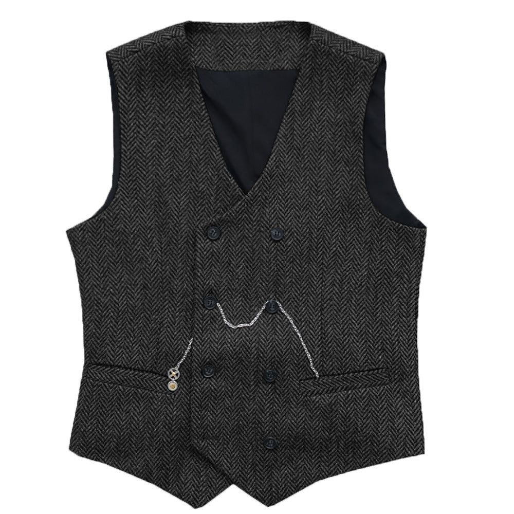 Men's Suit Vest Herringbone Pattern Faux Wool Vest Double Breasted V-neck