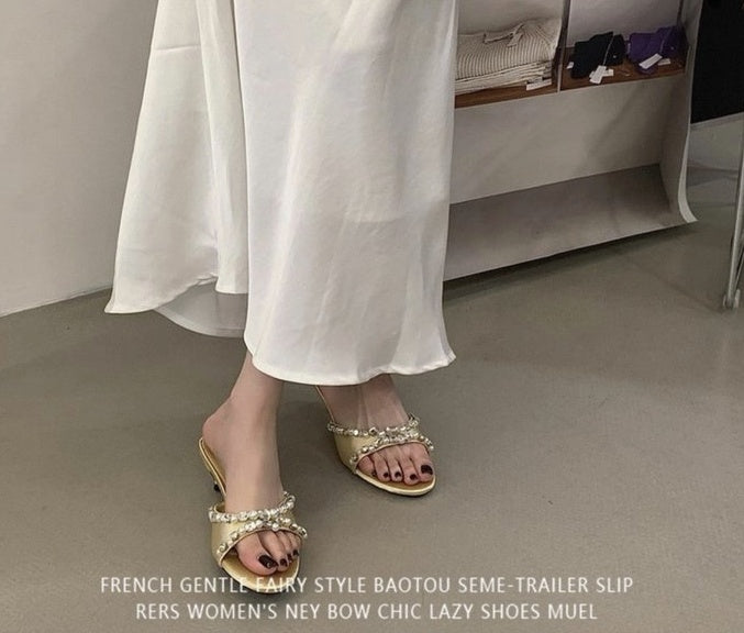 Women's Elegant Low Heel Sandals With Rhinestone & Pearl Bow, Round Toe, Simple Satin, Perfect For Dresses
