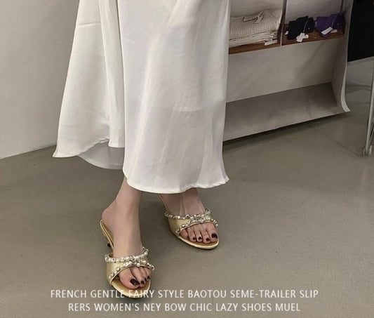 Women's Elegant Low Heel Sandals With Rhinestone & Pearl Bow, Round Toe, Simple Satin, Perfect For Dresses
