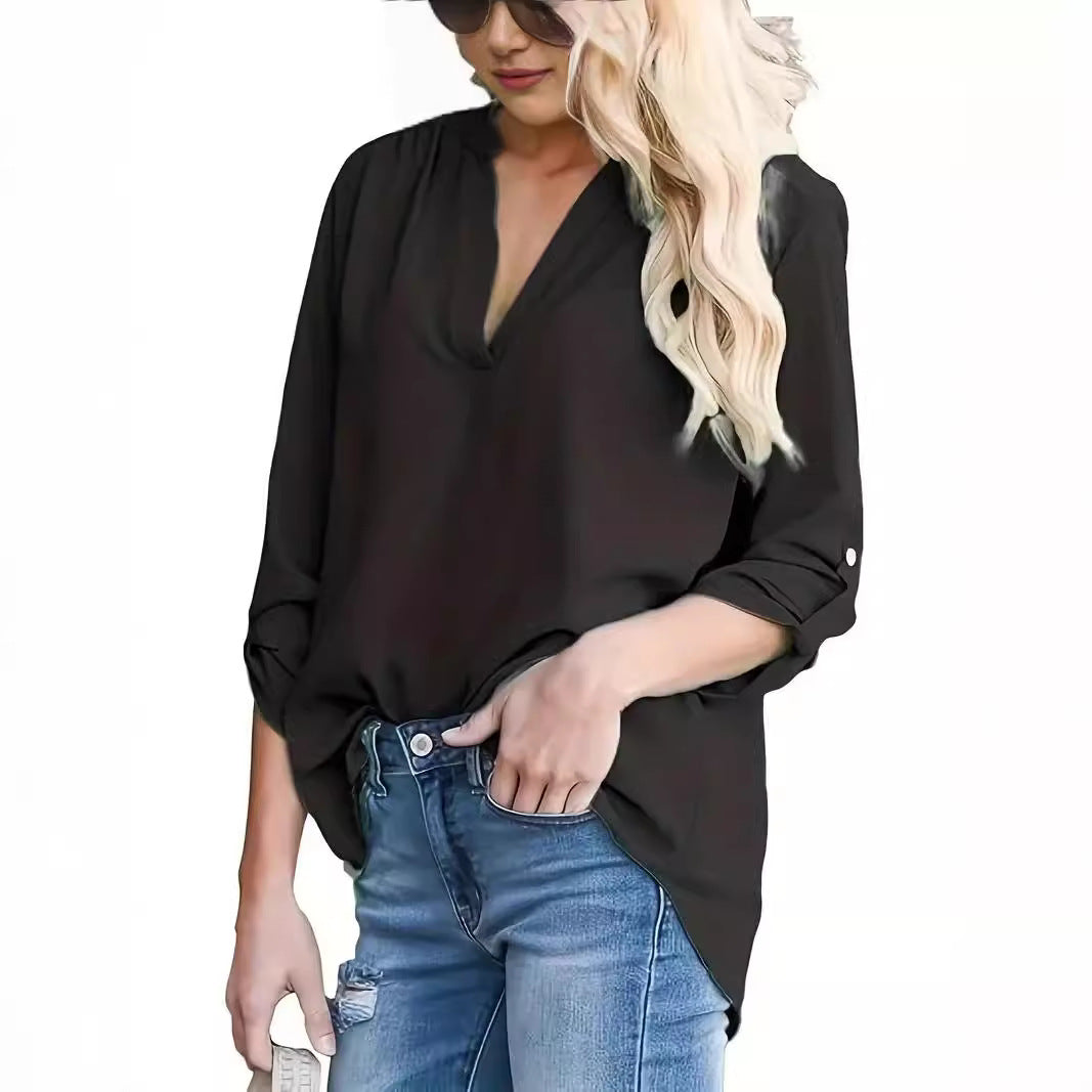 European And American Spring And Autumn V-neck Shoulder Pleated Long Sleeve Chiffon Shirt