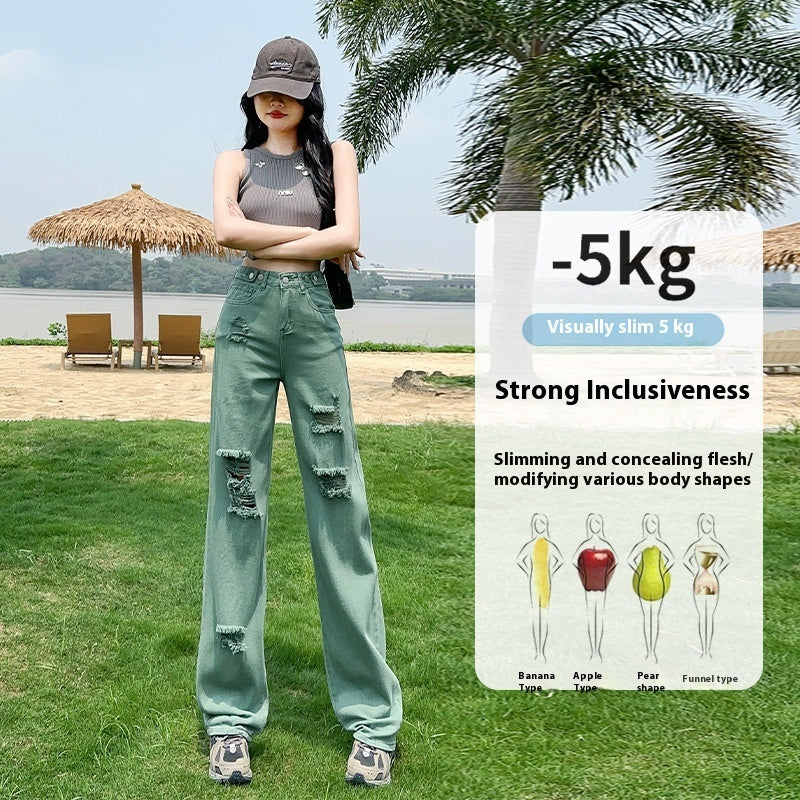 Adjustable Buckle High Waist Ripped Narrow Wide Leg Jeans