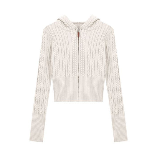 Soft Textured Knitted Hoodie With A Lazy Korean-style Zip-up Design