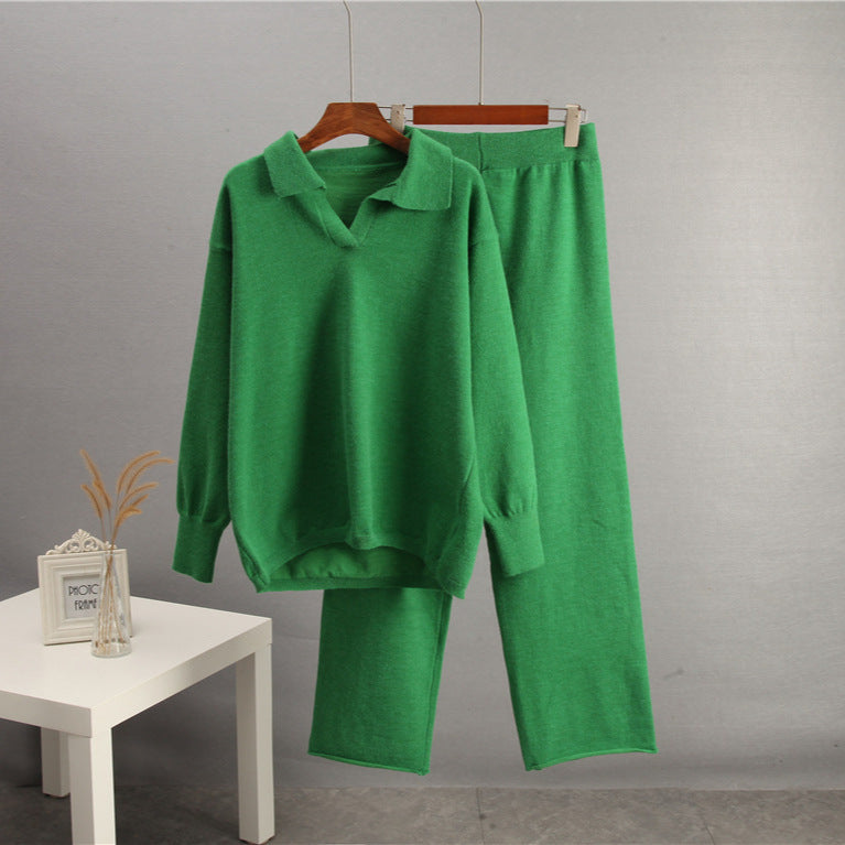 European And American-style Solid-color Lapel Sweater Set For Women, FallWinter