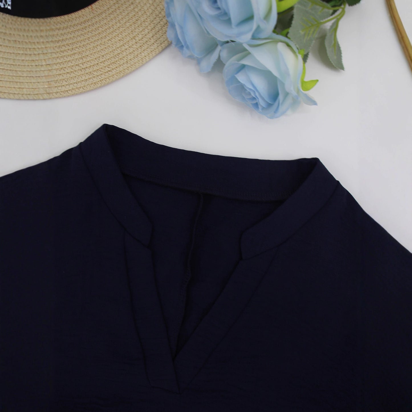Plus-size Solid-color V-neck Top Springautumn Long-sleeve Relaxed-fit Button-up Elegant Shirt