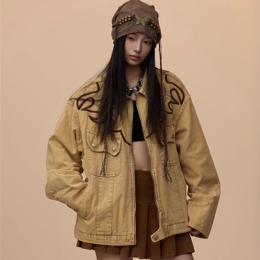 Vintage Embroidery Washed Heavy Weight Denim Coat Jacket