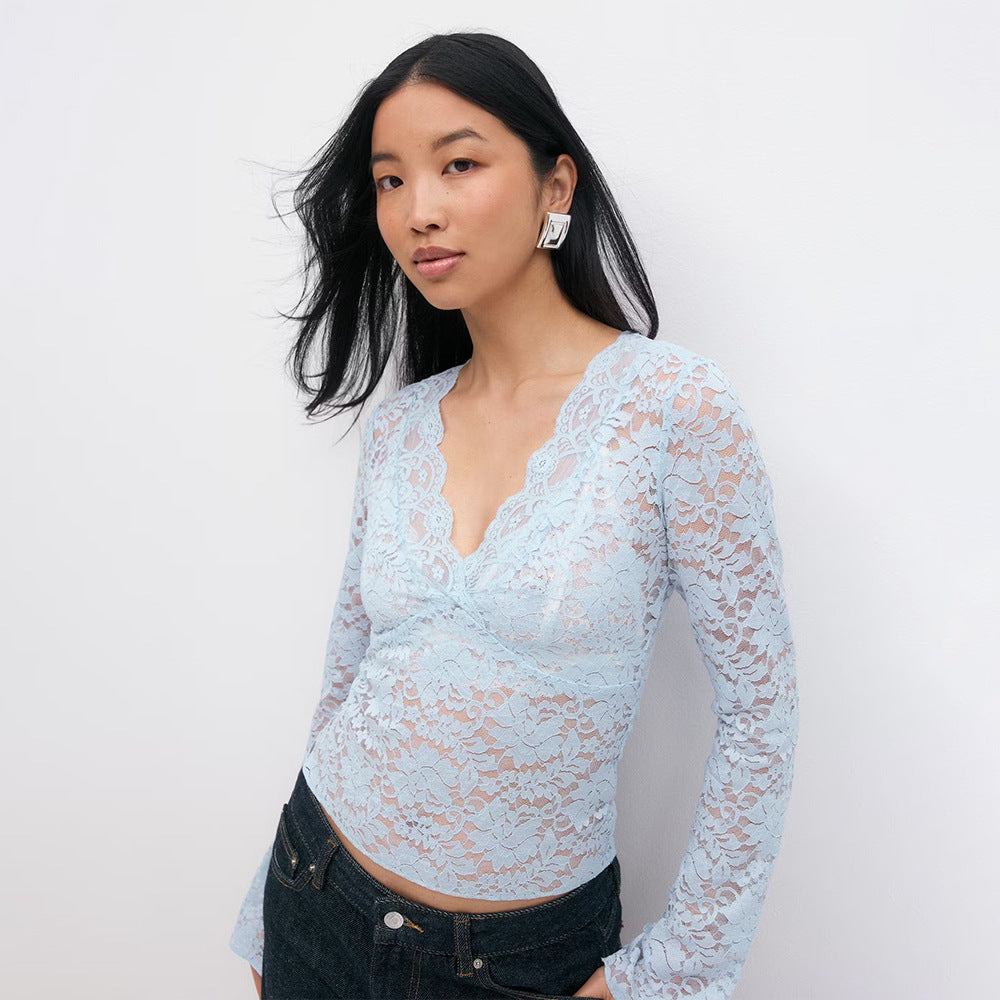 Lace V-neck Long-sleeve Blouse Top
