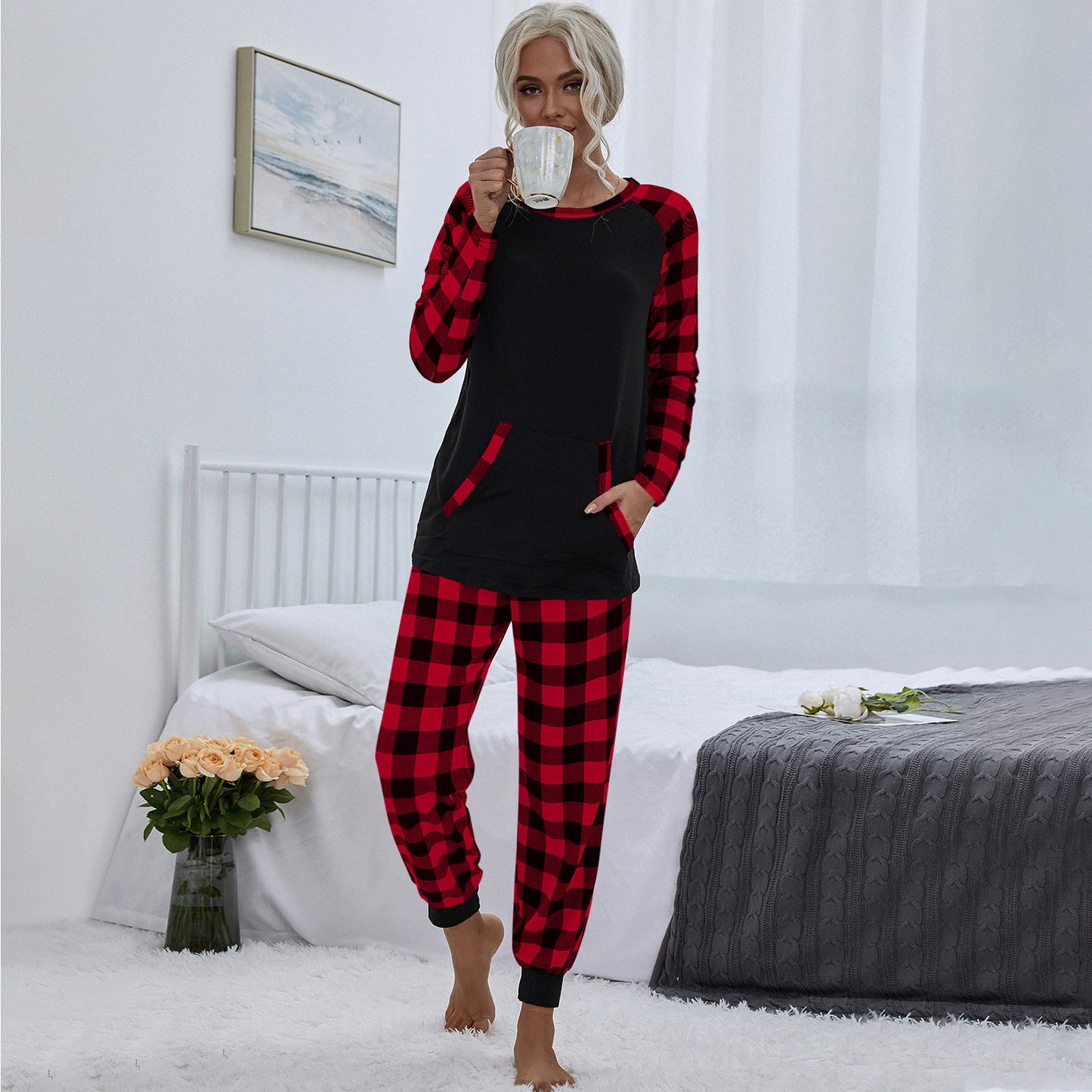 Women's Fashion Plaid Crew Neck Home Leisure Loose Outfit