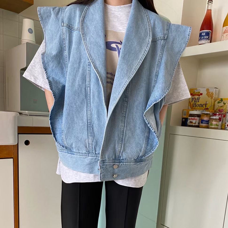 Summer Retro Niche Lapel Ruffled Loose Wild Washed Blue Denim Waistcoat
