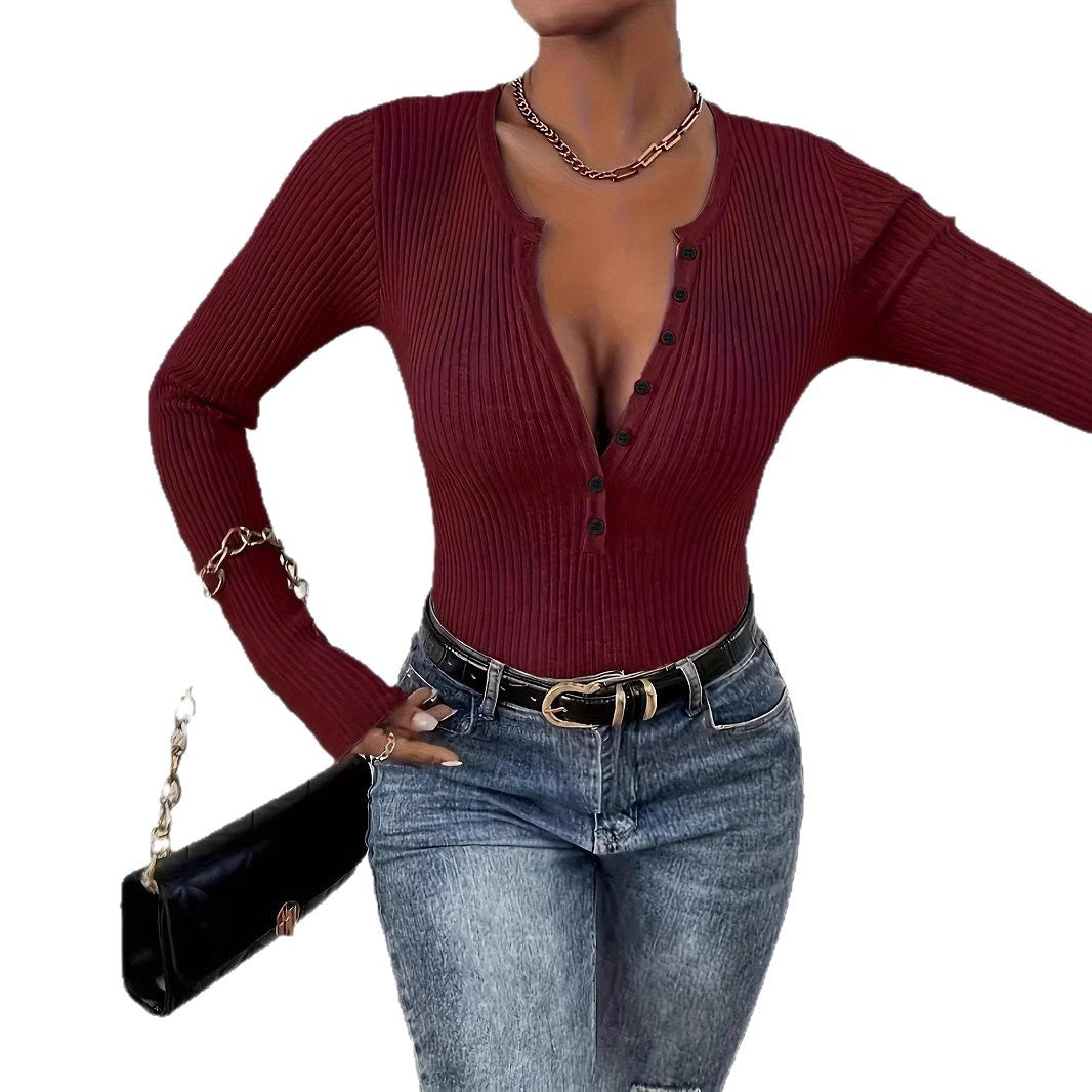 Women's V-neck Long Sleeve Button Top