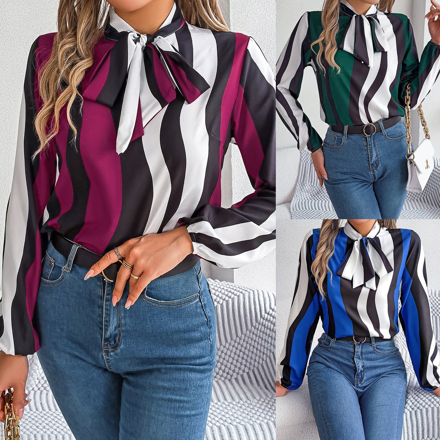 Elegant Contrasting-Color Striped Lace-Up Lantern-Sleeve Chiffon Blouse