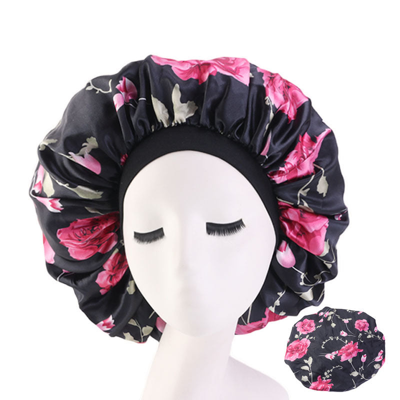 Extra Large Satin Print Nightcap Wide Edge Stretch Round Cap
