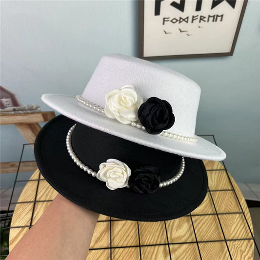 Vintage Hattedame Perlekæde Blomster Uld Flad Hat