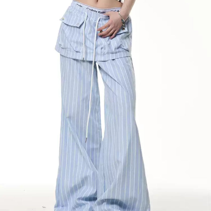 Vintage Stripe Fake Two Pieces Dungarees Women's Loose Straight