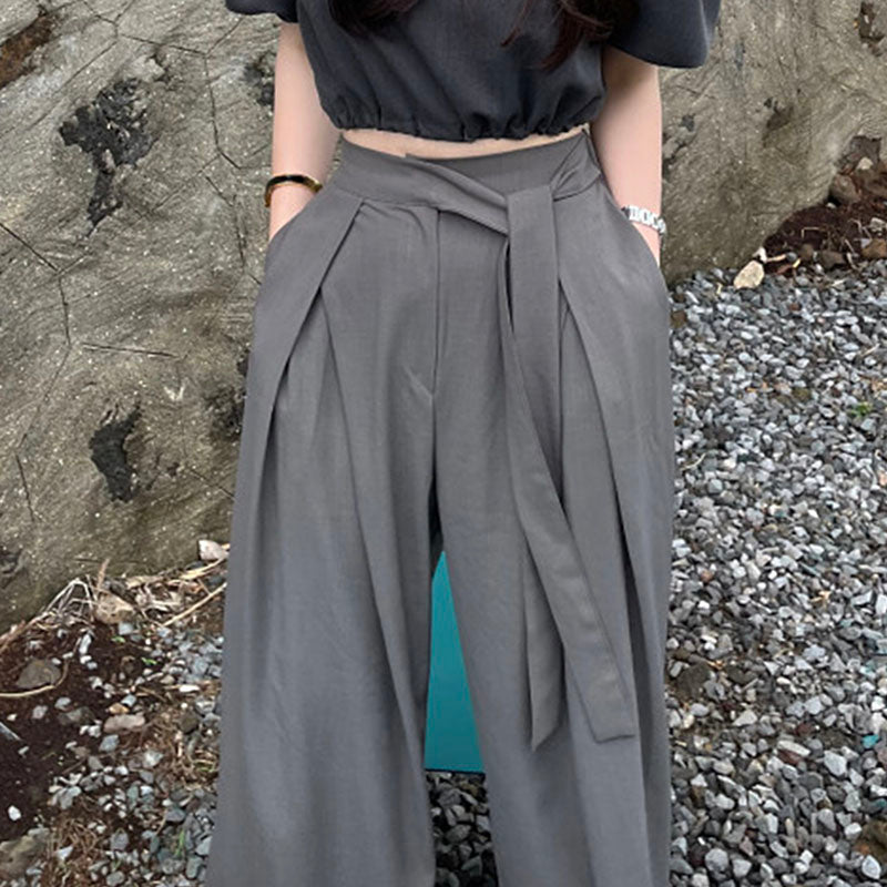 High Waist Pleated Asymmetrical Strap Design Wide Leg Draping Pants