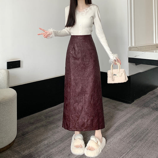 Pleated Retro Skirt Women's Split Long Skirt