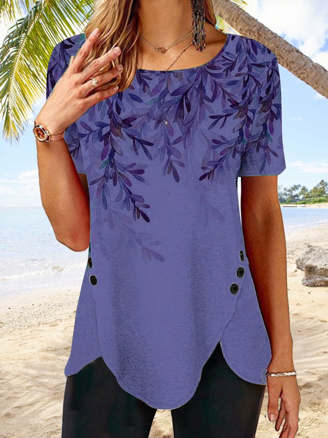 Placed Print Buttons Irregular Hem Crew Neck Short Sleeves