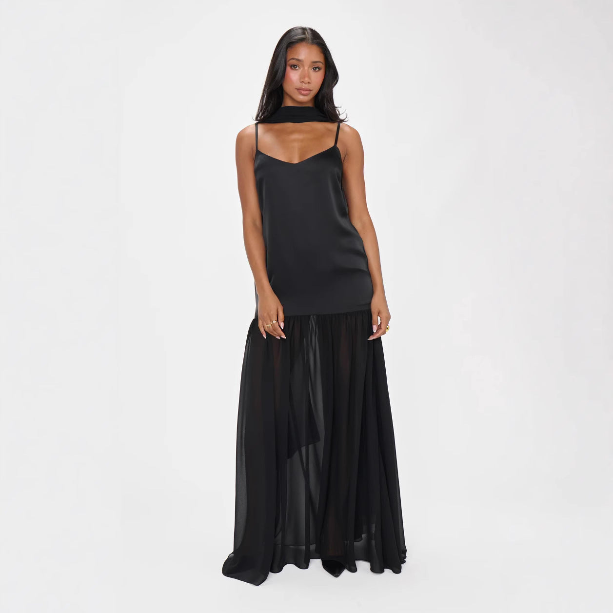 Solid-color Chiffon And Satin Patchwork Slip Dress