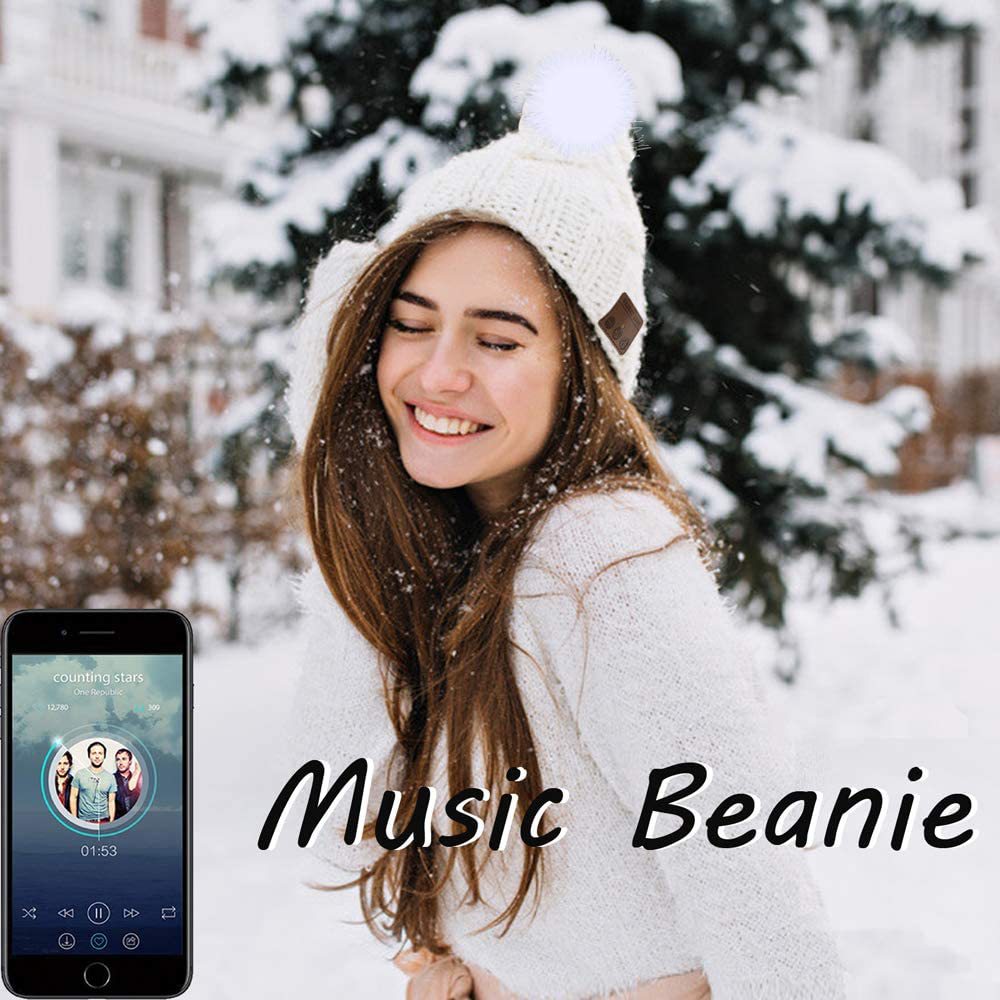 Music Plus Fluff Ball Knitted Hat Keeps Warm In Winter