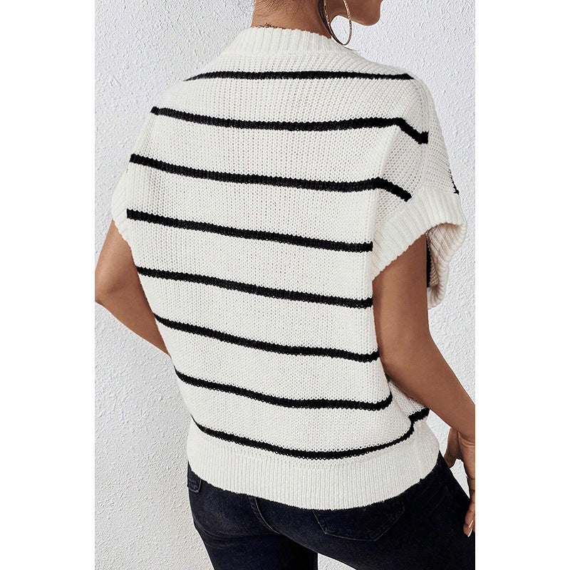 Striped Wool Round Neck Contrast Drop Shoulder Sweater With Short Sleeves