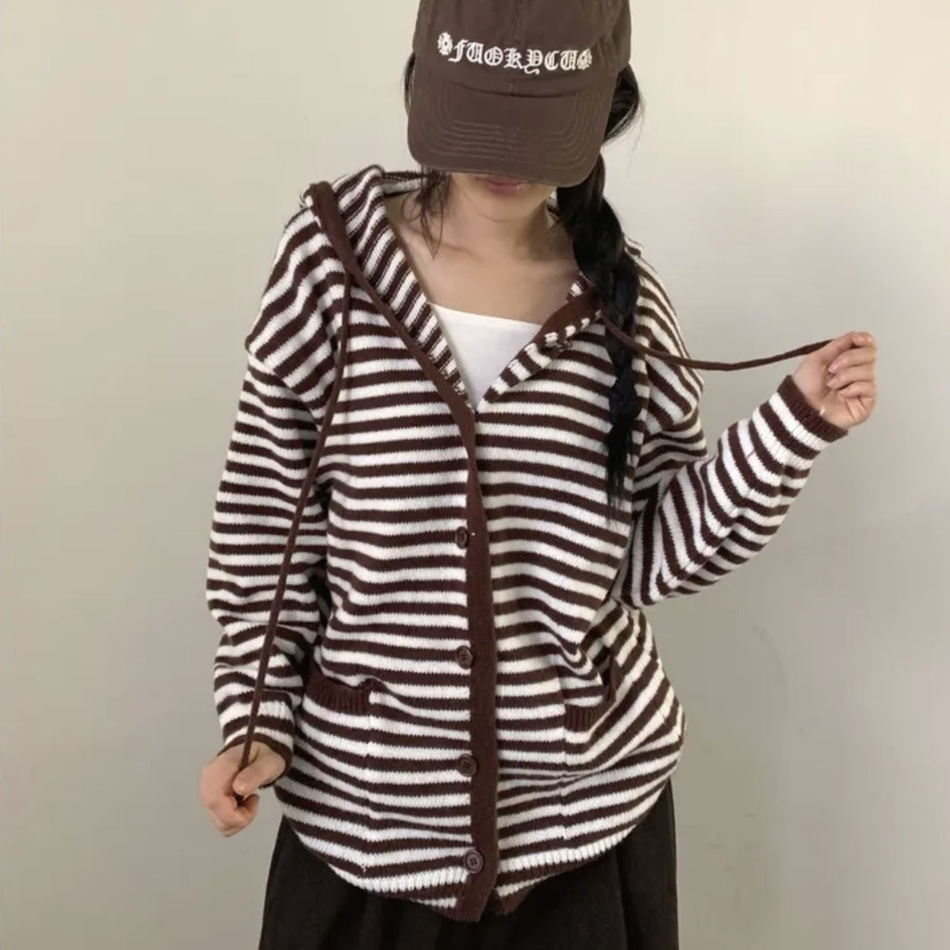 Hooded Single-breasted Knitted Cardigan Loose Sweater Coat