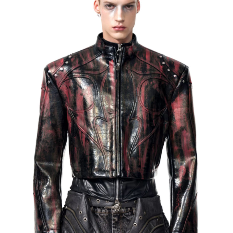 Mens Stand Up Collar Leather Jacket With Shoulder Pads