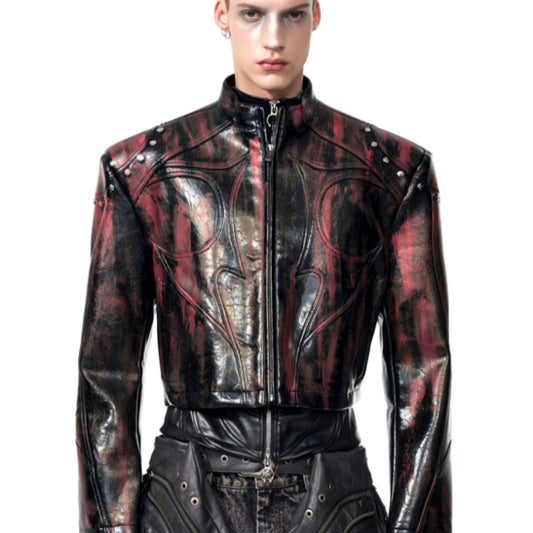 Mens Stand Up Collar Leather Jacket With Shoulder Pads