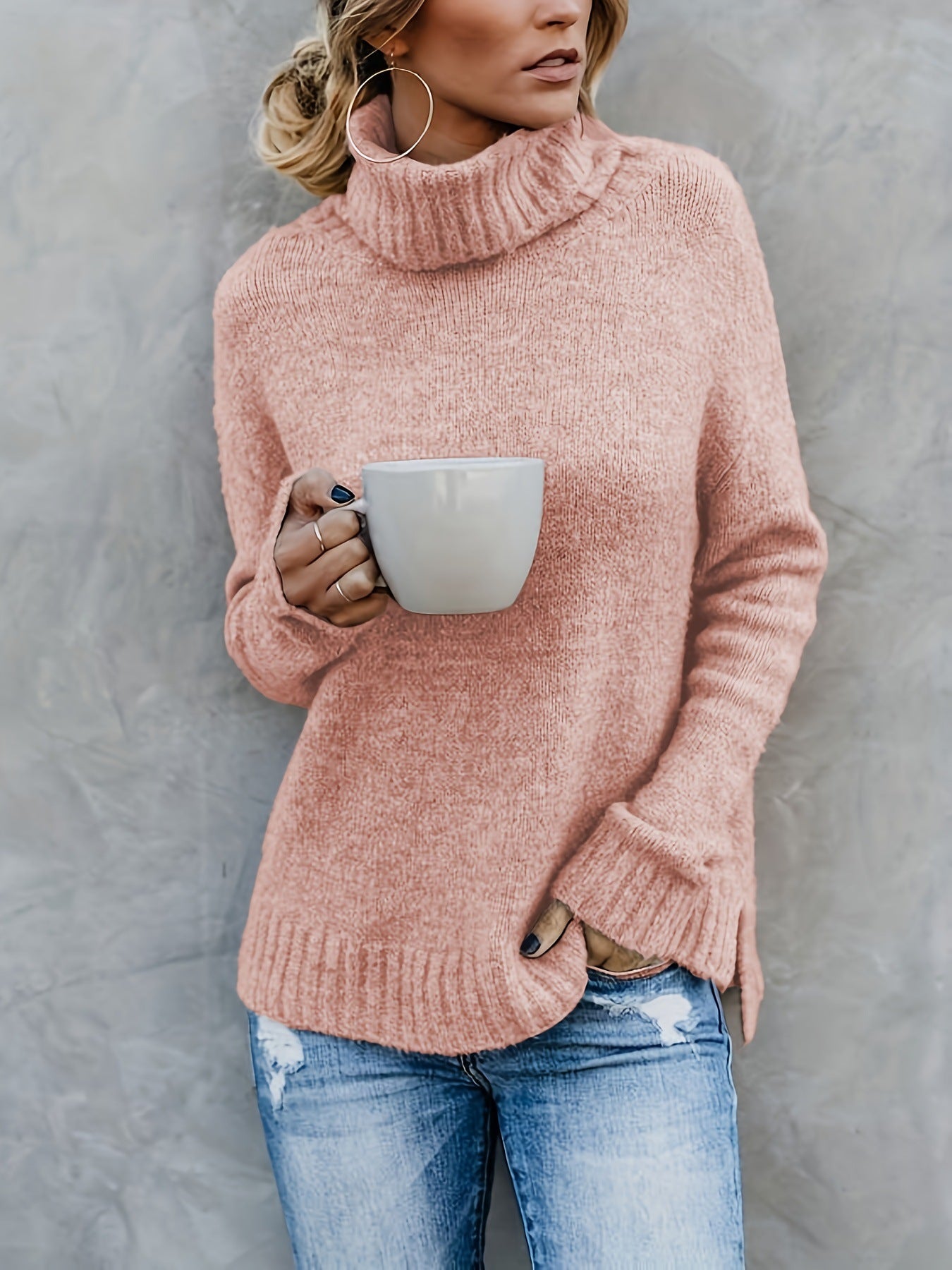 Europæisk og amerikansk langærmet rullekrave-sweater til kvinder i ensfarvet